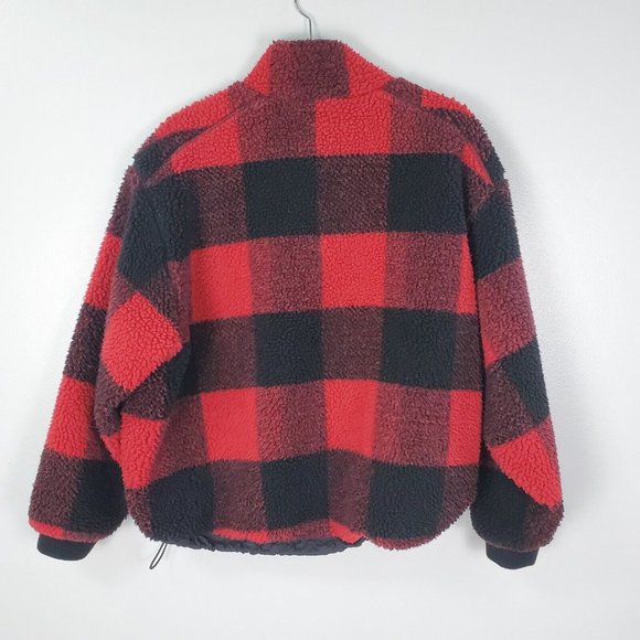 American Eagle Sweater Womens Small Red Black Buffalo Plaid Sherpa Fleece Casual - Picture 8 of 11